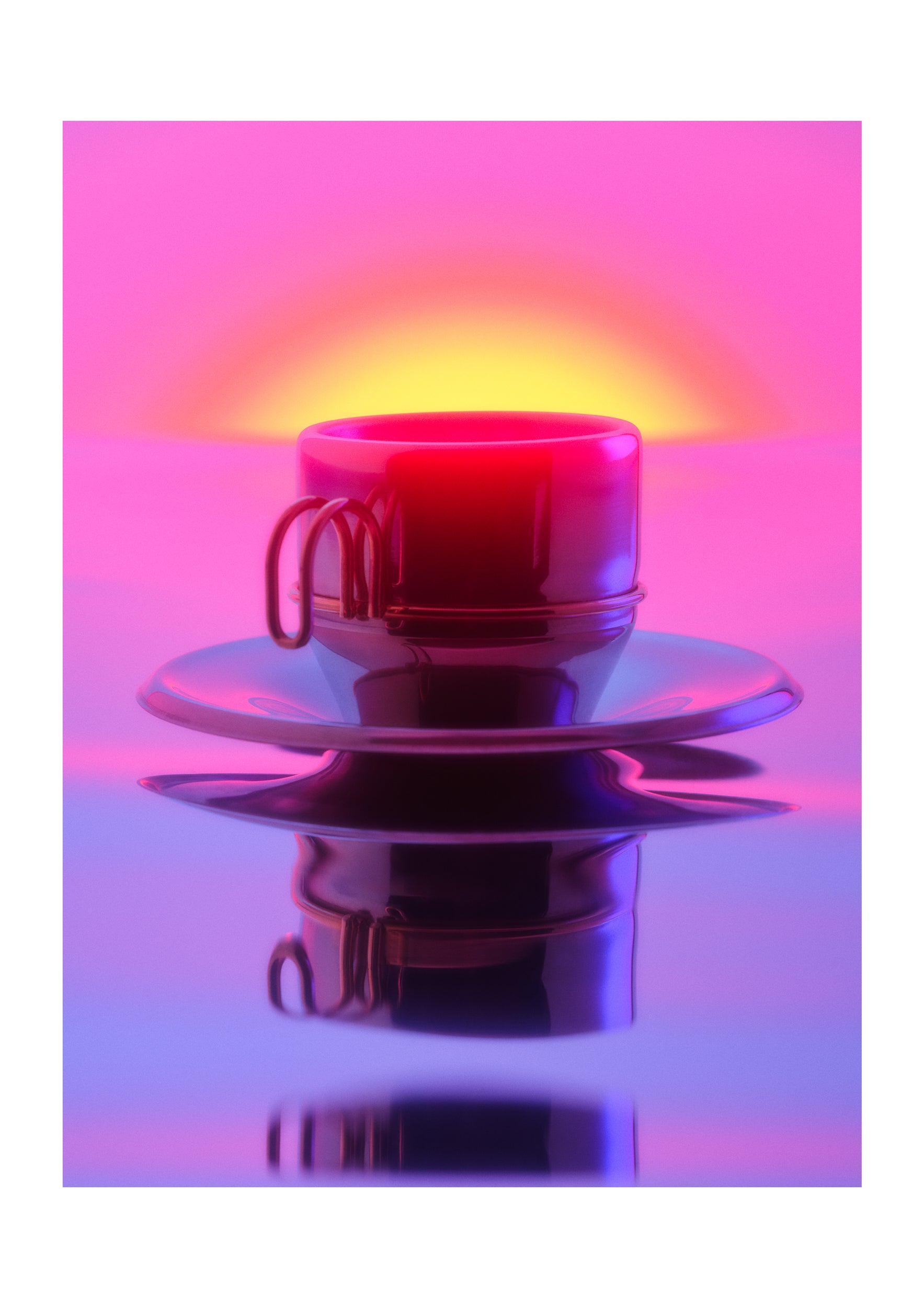 A metal coffee cup on a matching saucer, centered against a vibrant pink and purple background with a glowing yellow-orange light behind it and a mirrored reflection below.