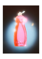 A translucent pink plastic bottle with a white flip-top cap, centered against a dark background with a bright blue glow and light flare effects.